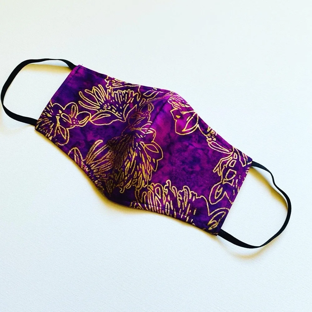 NEW Handmade Batik Golden Lehua Purple Print Face Mask